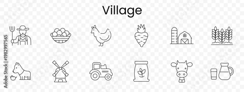 Village set icon. Outline rural life elements, farmer pitchfork, basket eggs, chicken, carrot, barn silo, wheat field, horse, windmill, tractor, seed jar, cow, milk jug.
