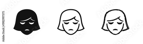 Sad and Depressed Woman Face Icon Set, Grief and Mental Health Awareness