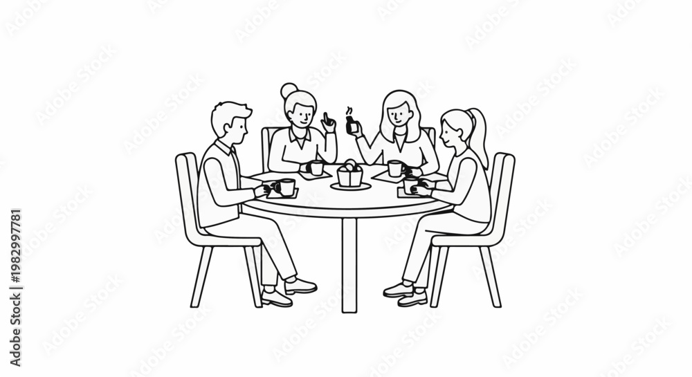 Obraz premium Four people are sitting around a table, drinking coffee and talking