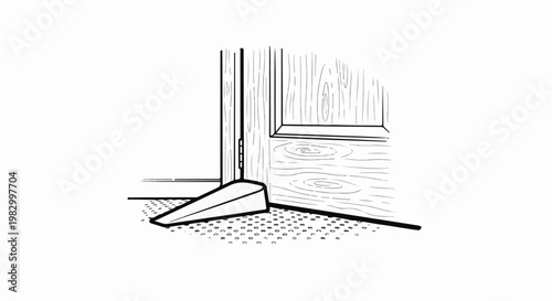 A wedge-shaped doorstop prevents a wooden door from closing on a textured floor