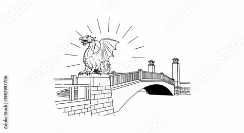 Stone dragon sculpture guards a bridge with radiating lines