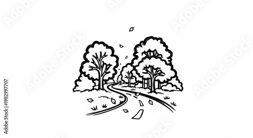 A winding path through a tree-lined landscape with falling leaves