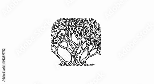 Stylized black and white illustration of a dense tree with many branches
