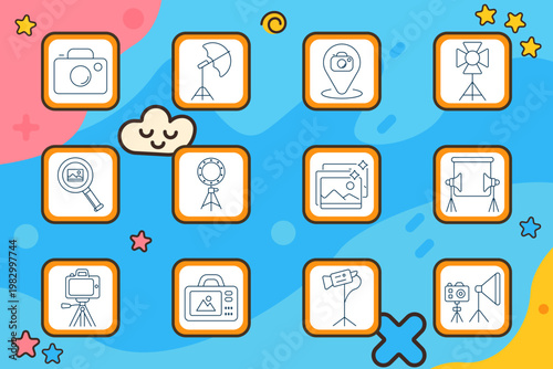 Photography studio set icon. Camera, softbox lamp, location pin camera, spotlight stand, magnifier photo, ring light, image editing screen, backdrop setup, tripod camera, instant camera