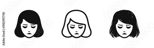 Melancholy Woman Face Icon Set, Sadness and Disappointment Concept
