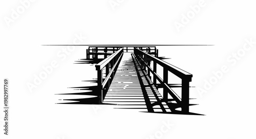 A wooden pier extends into a calm body of water under a clear sky