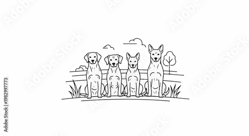 Four dogs sitting patiently in a row against a simple outdoor background