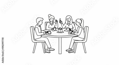 Four people are sitting around a table, drinking coffee and talking