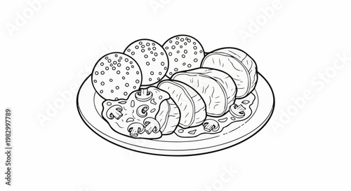 Sliced meat with mushrooms and round toppings on a plate