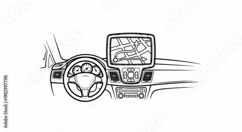 Car dashboard with GPS navigation screen, steering wheel, and controls