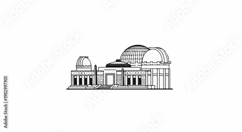 Architectural sketch of a grand building with multiple domes and telescopic observatories