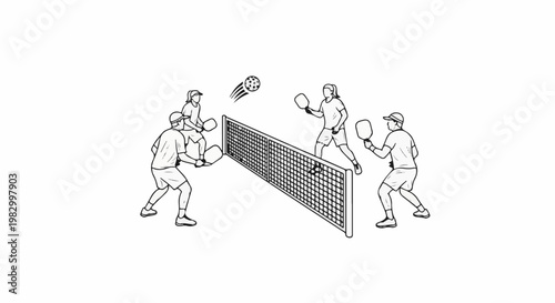 Sketch of people playing pickleball over a net with a ball in the air