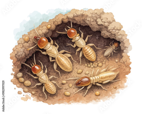 Watercolor Termite Illustration, Small Colony Insect Art, vector isolated on white background