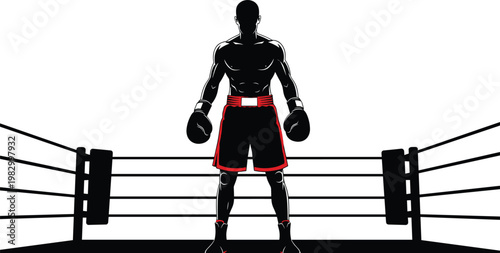 Boxer in Ring, Silhouette of Fighter Ready for Match, Professional Boxing, Strength and Power in Sports