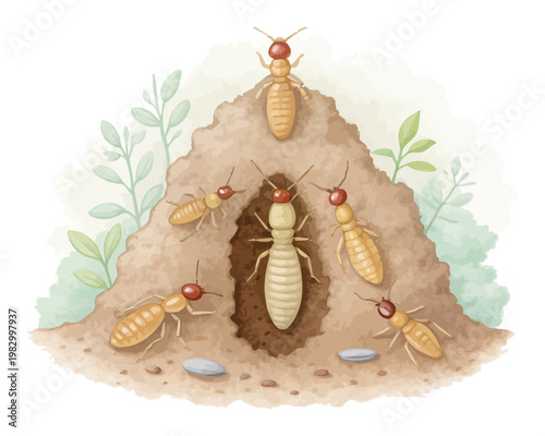 Watercolor Termite Illustration, Small Colony Insect Art, isolated on white background