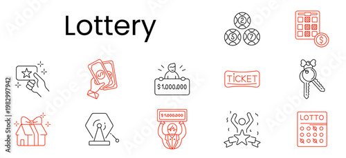 Lottery set icon. Chips, lottery board, star ticket, cash bundle, jackpot winner, ticket stub, keys, gift house, machine, prize check, celebration, lotto card, gambling, luck, reward