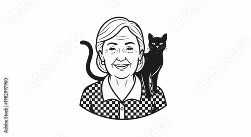 Cheerful elderly woman with a black cat on her shoulder, checkered blouse