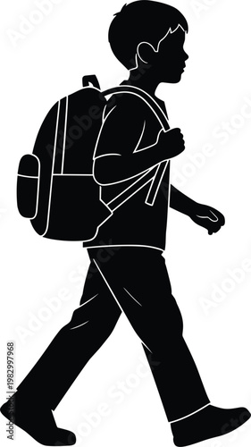 Boy Walking to School with Backpack, Childhood Education, Silhouette of Student Going to Class