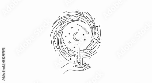 Hand holding celestial spiral with moon, stars, and shooting star
