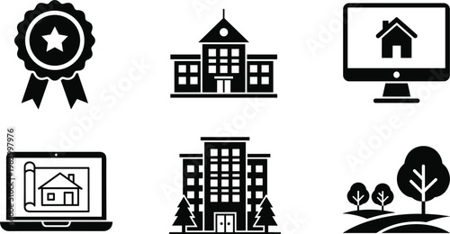 Building and Architecture Icons, Real Estate, Award, School, Computer, House, Design, Landscape