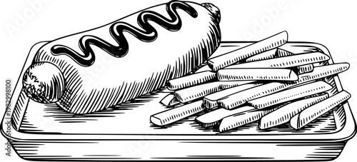 Hand-drawn black and white hot dog with french fries a tray, isolated hotdog ketchup