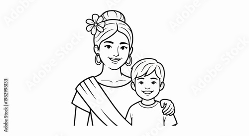 A woman with her arm around a smiling young boy, both with happy expressions
