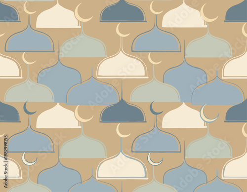 Seamless pattern of Islamic architectural domes and crescent moons in calming earthy tones