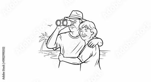 Elderly couple on a beach looking through binoculars