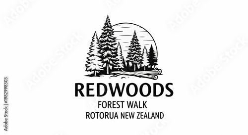 Black and white graphic of a forest with trees and logs, text below