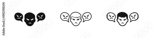Angry Man with Raging Speech Bubbles Icon Set, Conflict and Aggression Concept