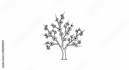 Sketch of a blossoming tree with delicate flowers on branches