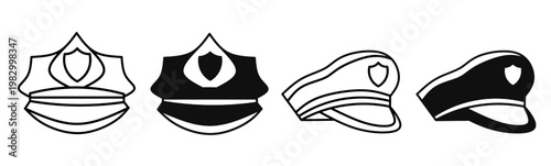 Silhouette of police hat icon illustration on white background. Police hat icon set for business. Stock vector.