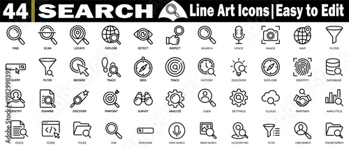 Search line art icons. Easy to edit for your digital projects, a vector set of simple black outline pictograms for finding related graphic design.