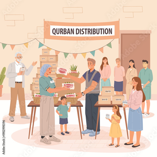 Community members participating in Qurban distribution event, sharing meat parcels and assisting each other