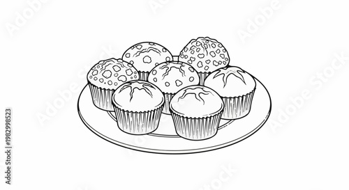 Six assorted muffins decorated with lines and dots on a plate