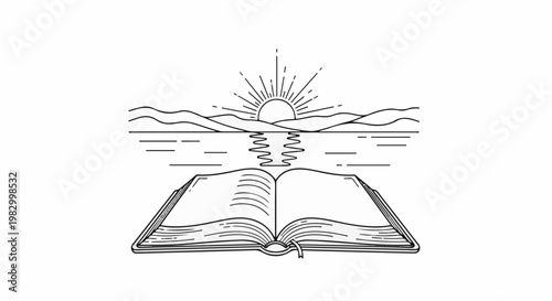 An open book reflects a sunrise over a tranquil body of water and distant hills