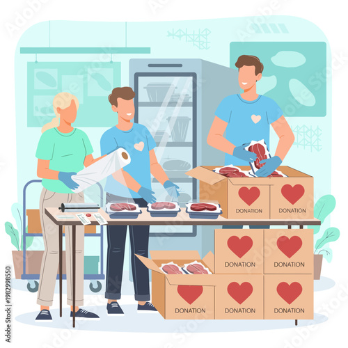 Dedicated volunteers diligently packaging fresh food donations with care, ensuring essential provisions reach communities in need through charitable efforts and humanitarian aid programs
