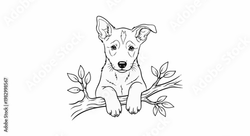Cute puppy peeking over a tree branch with leaves