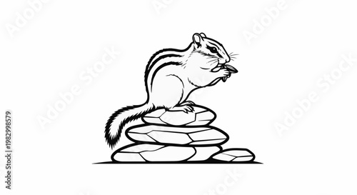 Black and white illustration of a chipmunk perched on stacked stones, eating a nut