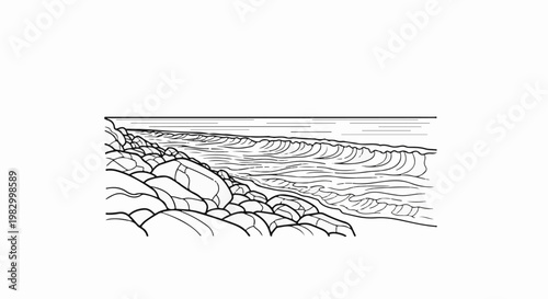 Rocky shoreline with incoming waves under a striped horizon
