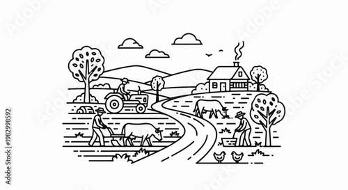 Rural farm scene with people, animals, tractor, and house