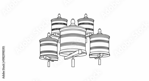 Five cylindrical prayer wheels with decorative bands and tops, arranged closely