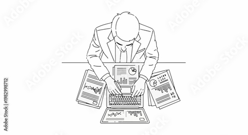 Overhead view of person in suit using laptop surrounded by financial reports
