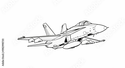 Detailed black and white line drawing of a modern fighter jet in flight