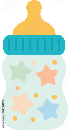 Cute baby feeding bottle vector illustration with pastel stars pattern isolated on white background for newborn childcare concept.
