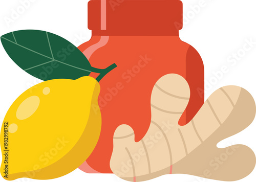 Natural healthy immune booster ingredients vector with fresh lemon ginger root and honey jar for wellness and flu prevention