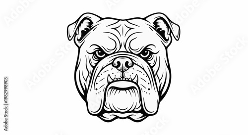 Fierce bulldog head, black and white line art, powerful and determined expression