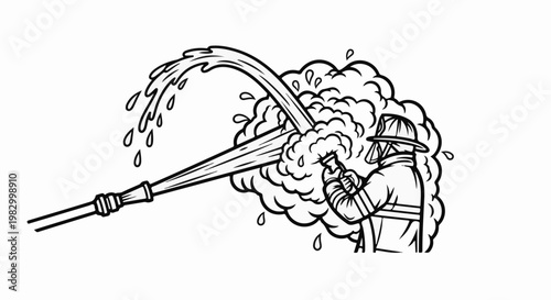 Firefighter sprays water through smoke and foam, fighting a blaze