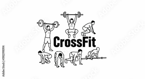 Figures performing various weightlifting exercises around text