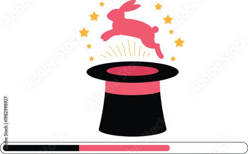 Creative magic hat with jumping rabbit and loading bar vector illustration for progress and software installation concept design.